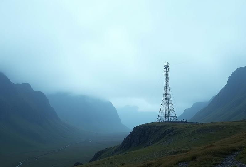 Transmission tower in a remote Norwegian mountain landscape