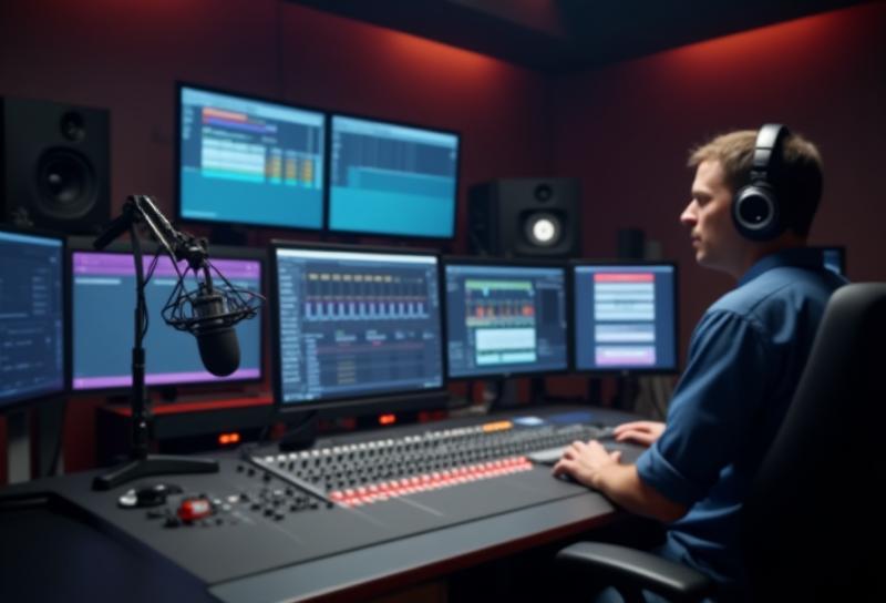 View inside a modern radio studio control room