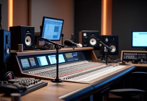 Modern radio studio control board and microphones