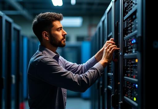 Technician working on broadcast equipment rack
